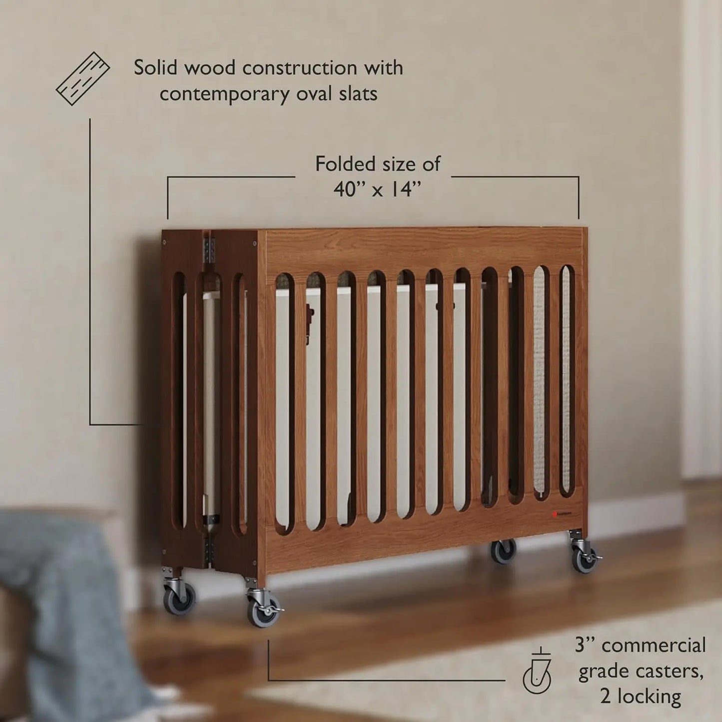 Boutique Compact Folding Crib for Baby, Portable Mini Crib for Hotels, Homes, and Nurseries, Wood Crib, Commercial Casters