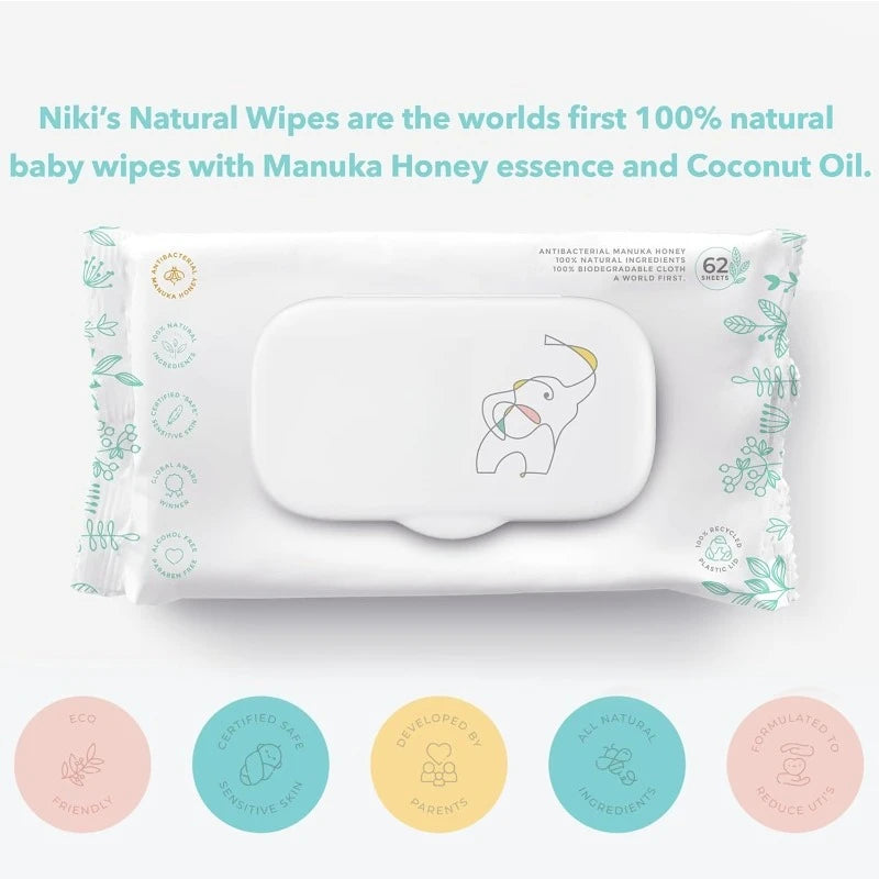 Organic Baby Wipes Sensitive Made with Manuka Honey and Coconut Oil, Unscented EWG Verified