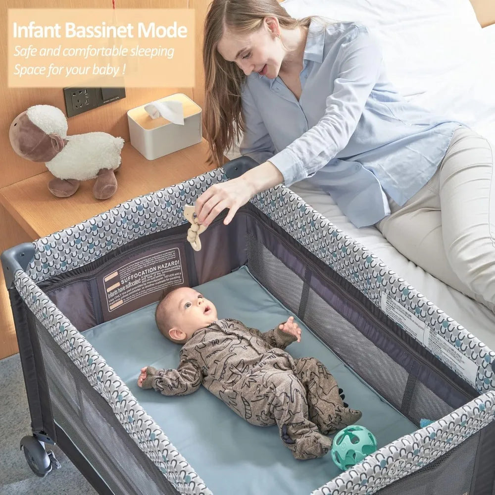 5 in 1 Multifunctional Pack and Play,Foldable Baby Crib with Bassinets,Changing Table,Newborn Napper with Canopy,Diaper Stacker