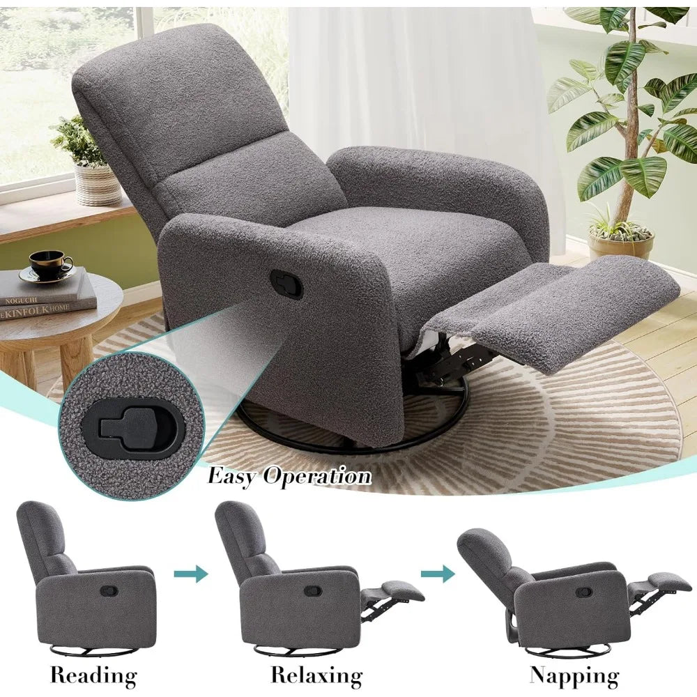 Swivel Glider Rocking Recliner Chair for Adults, Nursery Rocker Reclining, Comfy Upholstered Single Sofa Armchair for Living Ro