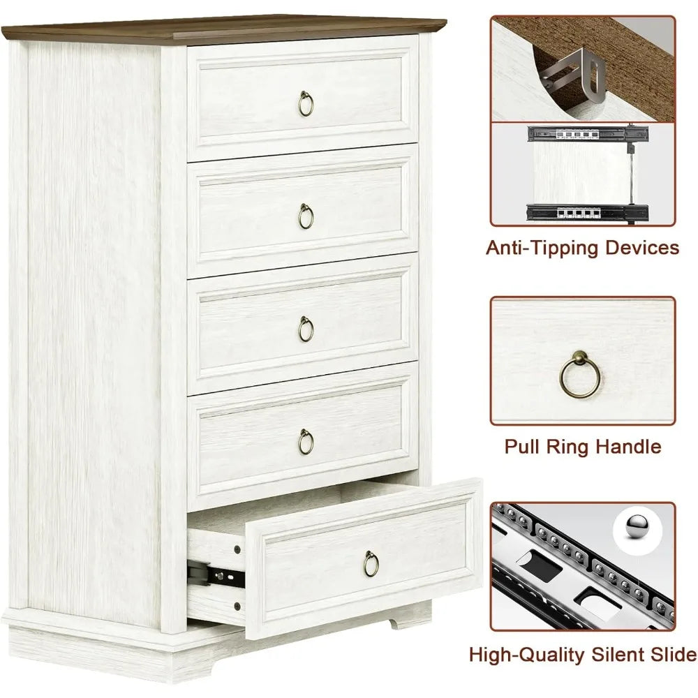 Chest of Drawers, Double Anti-tip, 5 Drawers Dresser, Dresser Organizer for Nursery, Bedroom, Living Room, Hallway, White