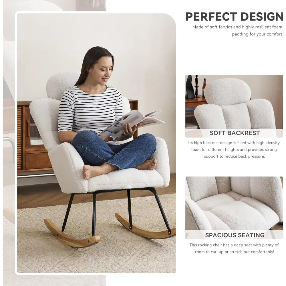 Rocking Chair Nursery with Thick Headrest, Upholstered Reading Glider Rocker Accent Armchair with High Backrest Rocker