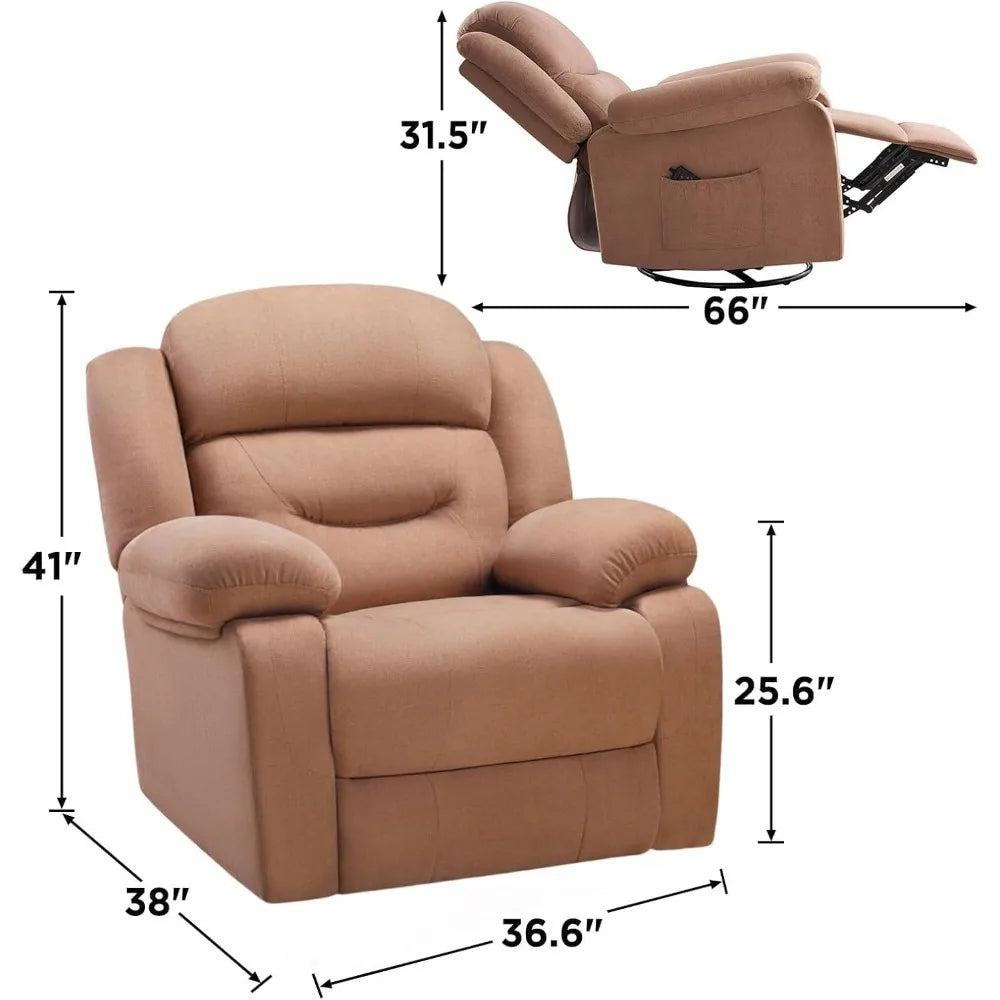 Rocking Recliner Chairs for Adults, 360 ° Swivel Nursery Reclining Glider with Side Pocket, Comfy Fabric Manual Single Sofa for
