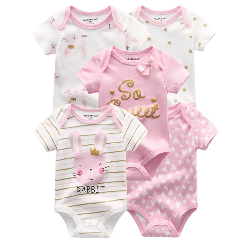 Kiddiezoom 5-piece fashionable cartoon boy and girl jumpsuit 100% pure cotton comfortable newborn jumpsuit summer