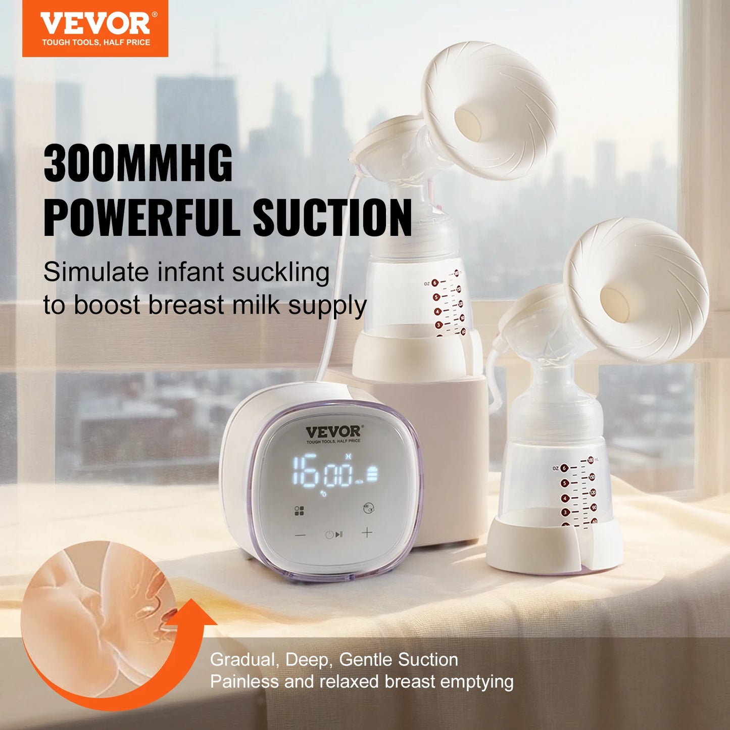 VEVOR Breast Pump Portable 2800mAH Rechargeable Double Electric Breast Pumps Anti-Backflow Breastfeeding Pump with LED Display
