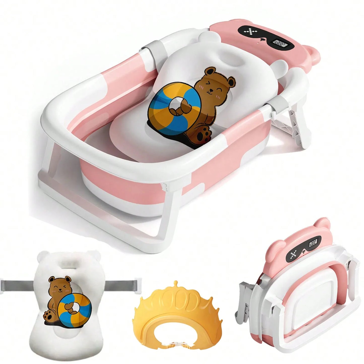 Folding Baby Bathtub with Thermometer Take A Bath Bathtub Non-Slip Foot Bath Bucket Bathroom Tub with Cushion Support for Shower