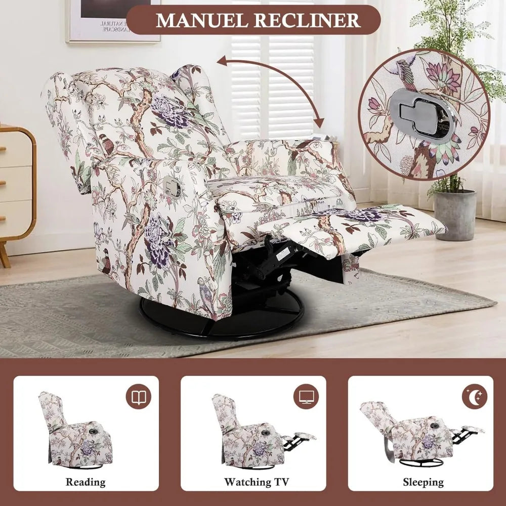Swivel Rocker Recliner, Manual Rocker Recliner Chairs for Adults, Floral Recliner Rocking Recliner Chair Single Sofa for Nursery