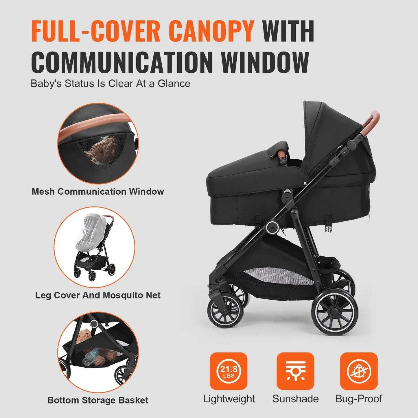 3-in-1 Baby Stroller – Bassinet & Reversible Seat, Adjustable Backrest, Foldable, Carbon Steel Frame (Black)