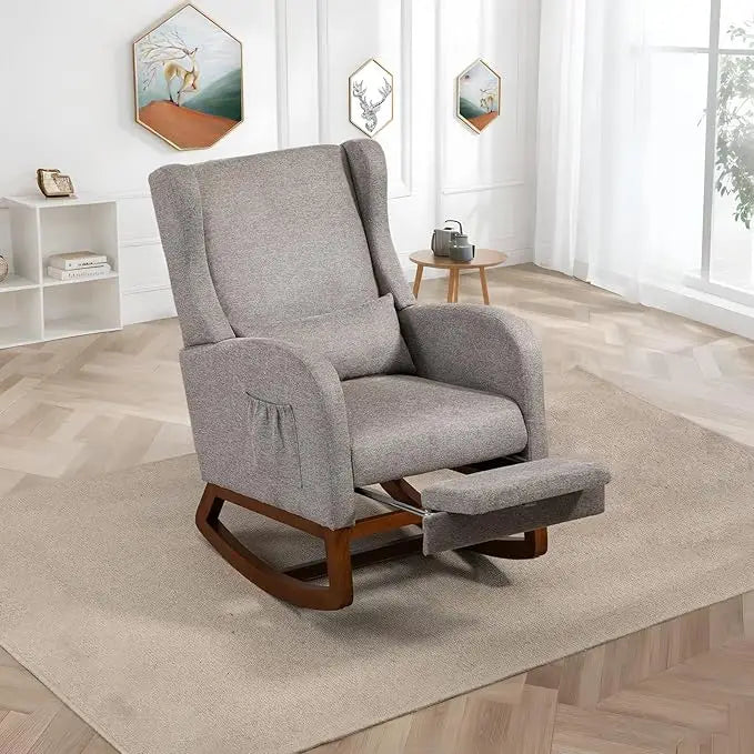Modern Rocking Chair Nursery Glider, Comfy Rocker Nursery Chair with Foot Rest, Accent Reading Armchair with Pillow and Pocket,