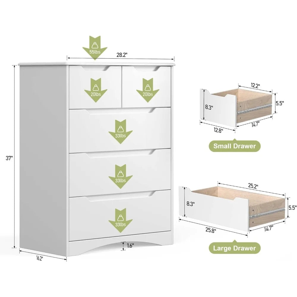 5 Drawers Chest, Dresser for Bedroom with Large Storage Capacity, Chest of Drawers with Embedded Handle Anti-Tripping Device