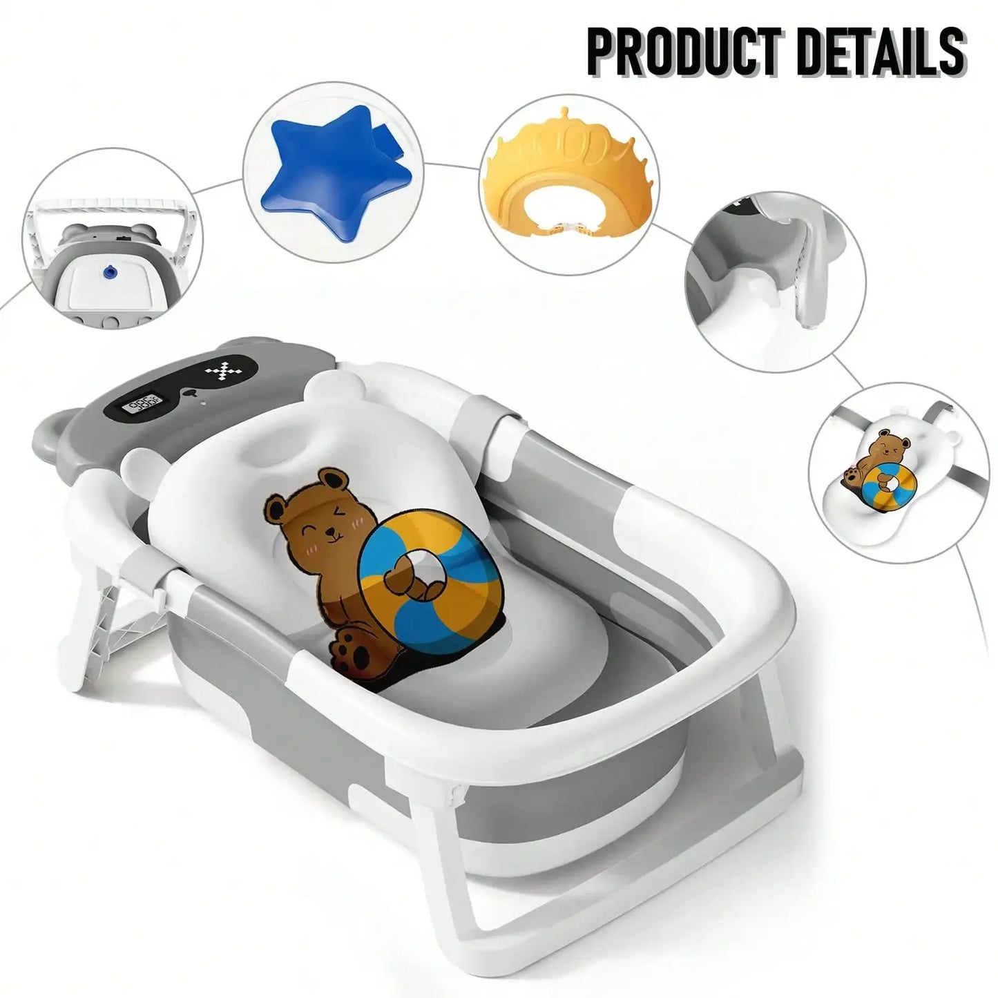 Folding Baby Bathtub with Thermometer Take A Bath Bathtub Non-Slip Foot Bath Bucket Bathroom Tub with Cushion Support for Shower