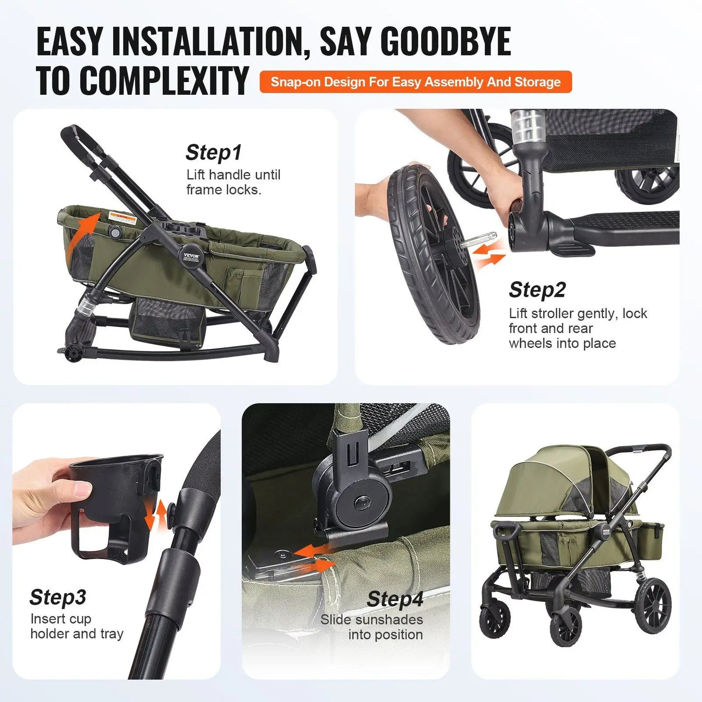 2-in-1 All-Terrain Double Stroller Wagon – Foldable with canopy, snack tray & cup holders. Holds 55lbs/seat (olive green).