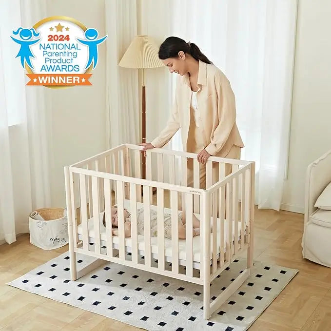 MAMAZING 6-in-1 Mini Crib with Removable Wheels & Mattress 4 Adjustable Heights 100% New Zealand Pinewood Washed Natural