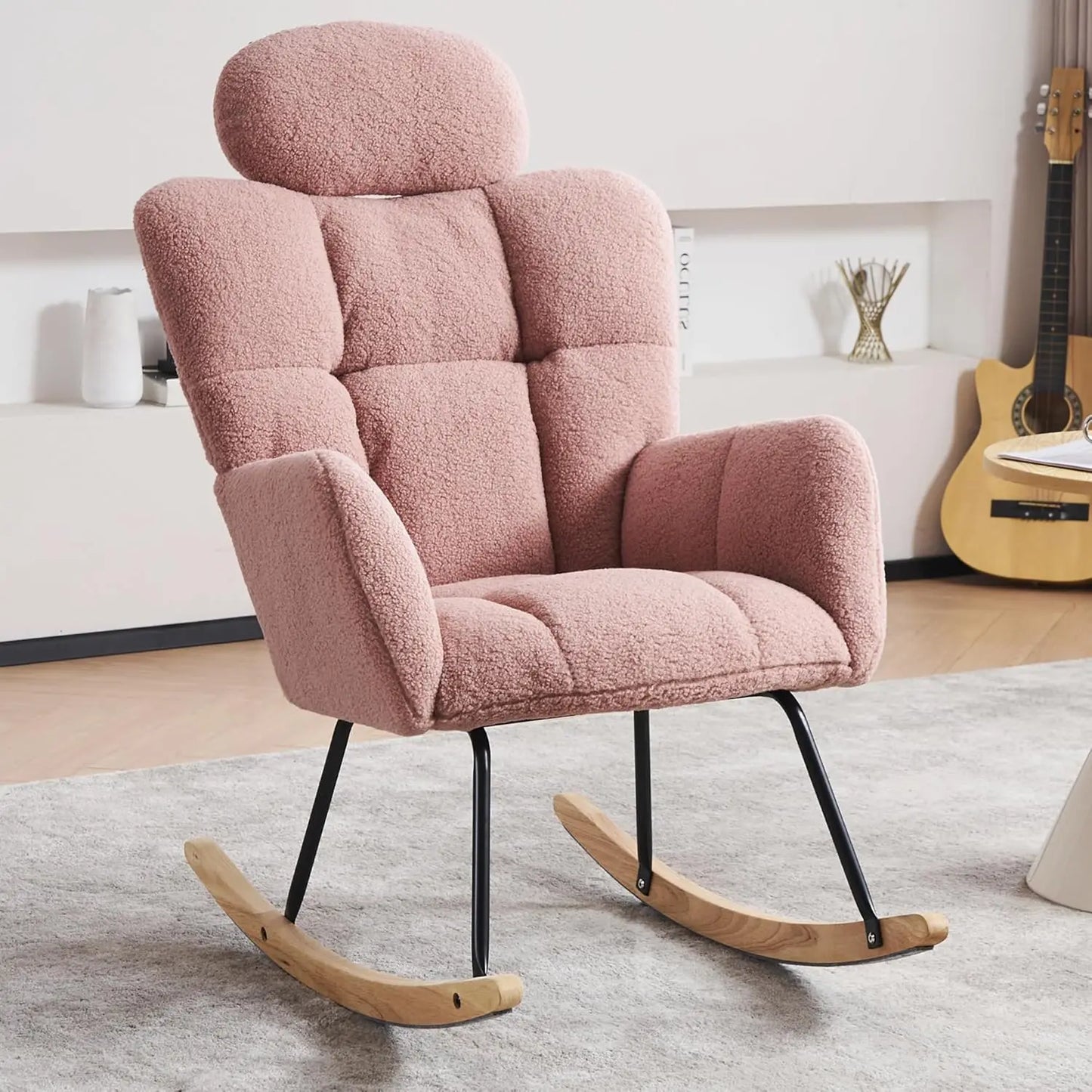 Rocking Chair Nursery with Thick Headrest, Upholstered Reading Glider Rocker Accent Armchair with High Backrest Rocker