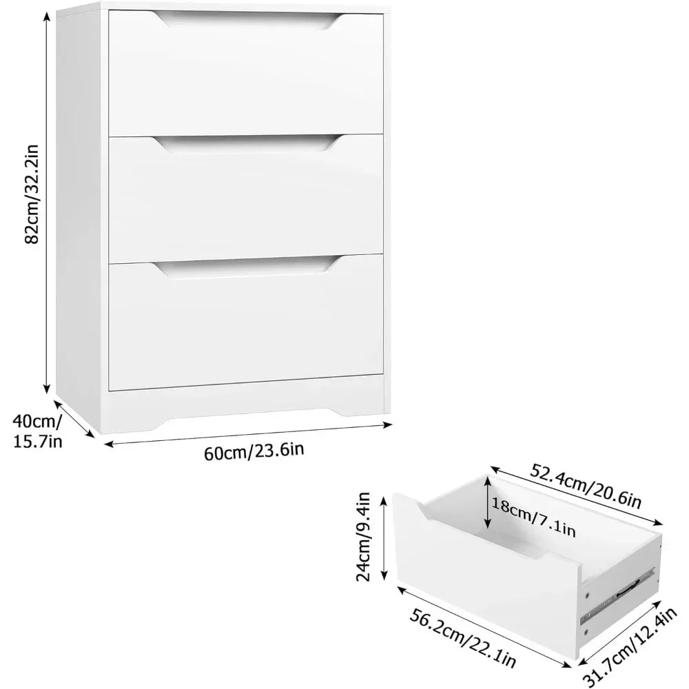 Modern 3 Drawer Dresser, Wood Chest of Drawers with Storage, Tall Nightstand with Cut-Out Handles, Side End Table