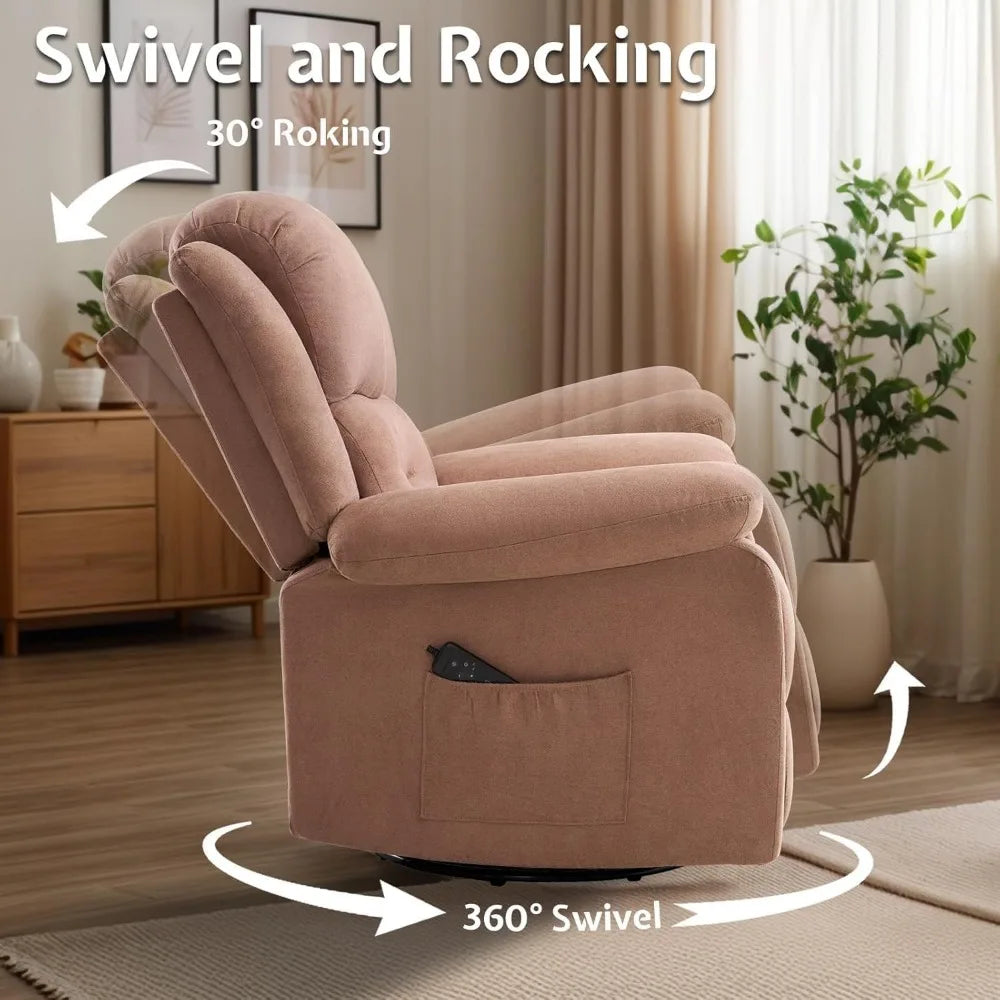 Rocking Recliner Chairs for Adults, 360 ° Swivel Nursery Reclining Glider with Side Pocket, Comfy Fabric Manual Single Sofa for