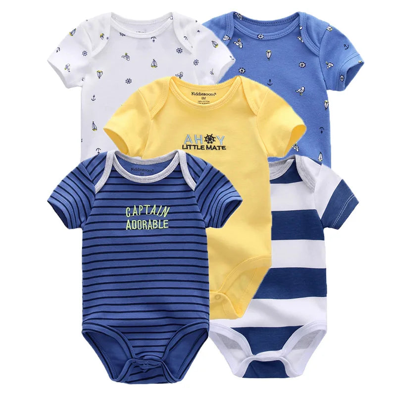 Kiddiezoom 5-piece fashionable cartoon boy and girl jumpsuit 100% pure cotton comfortable newborn jumpsuit summer