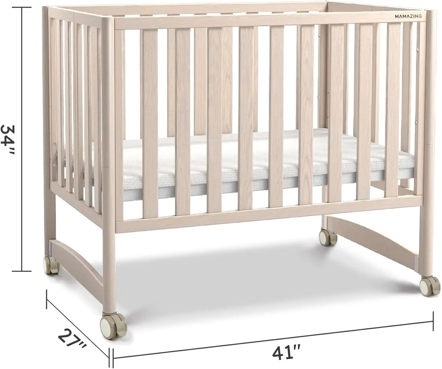 MAMAZING 6-in-1 Mini Crib with Removable Wheels & Mattress 4 Adjustable Heights 100% New Zealand Pinewood Washed Natural