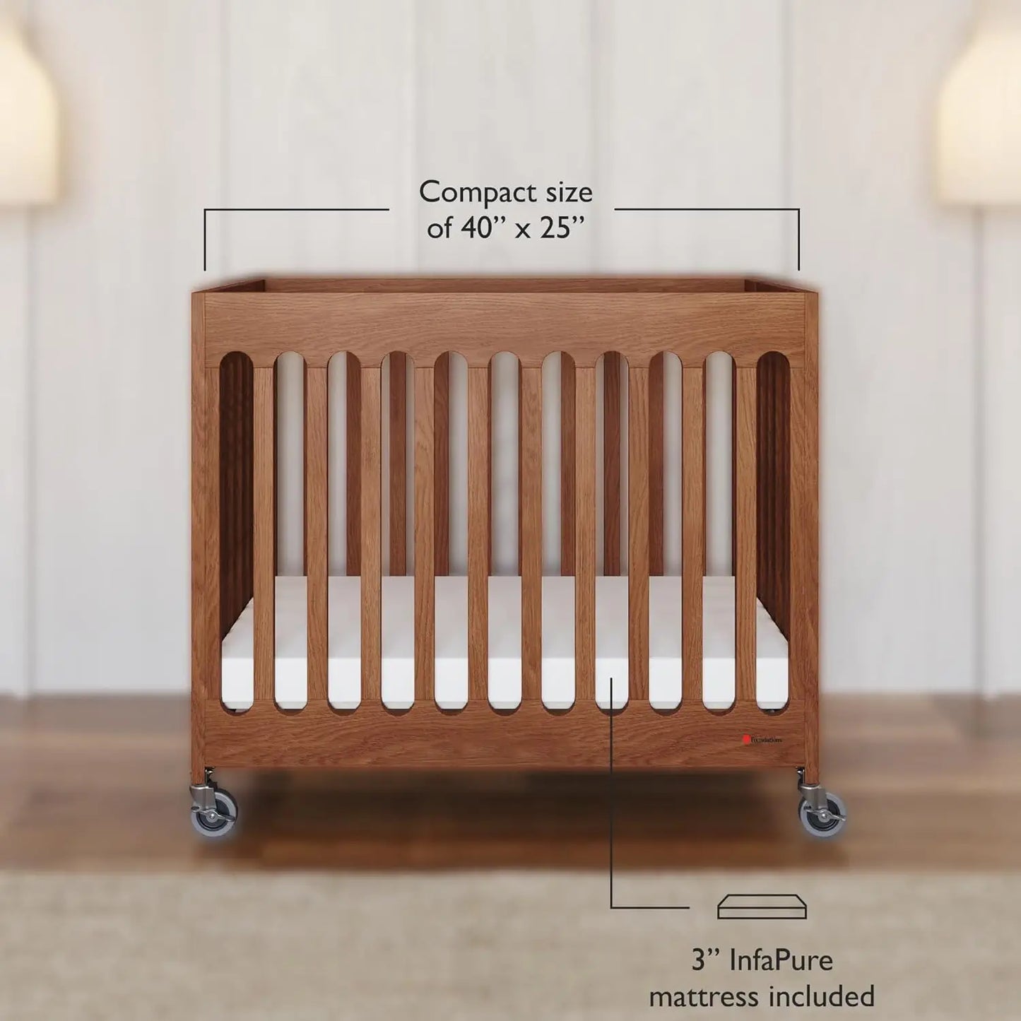 Boutique Compact Folding Crib for Baby, Portable Mini Crib for Hotels, Homes, and Nurseries, Wood Crib, Commercial Casters