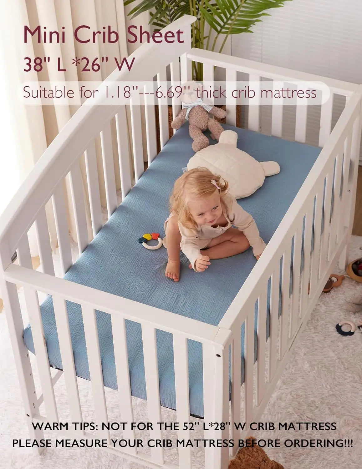 Muslin Fitted Mini Crib Sheets, 38""X26"", 2 Pa Soft Breathable Natural Cotton Baby Mattr Sheet, 360° Mattr Wrapping No Slip