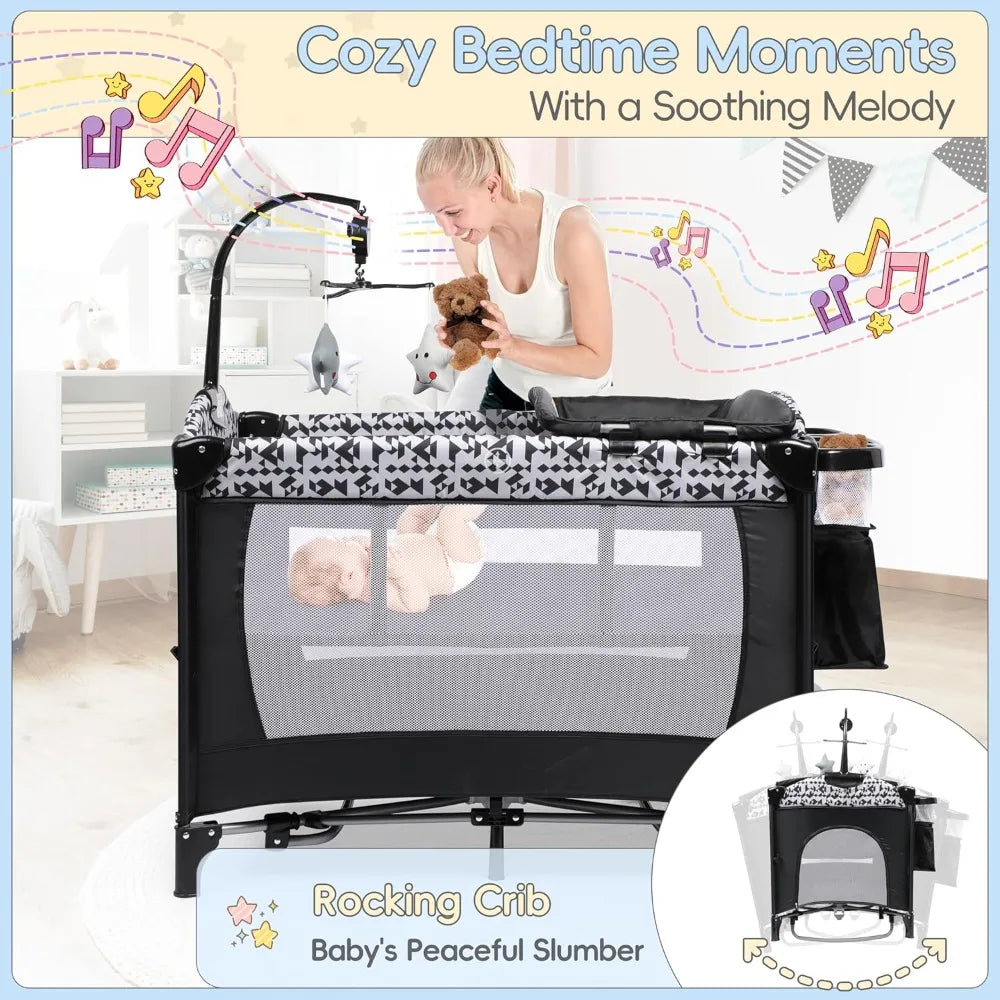 5-in-1 Pack and Play, Baby Bassinet Bedside Sleeper with Diaper Changer, Storage Bag & Music Box, Portable Baby Crib