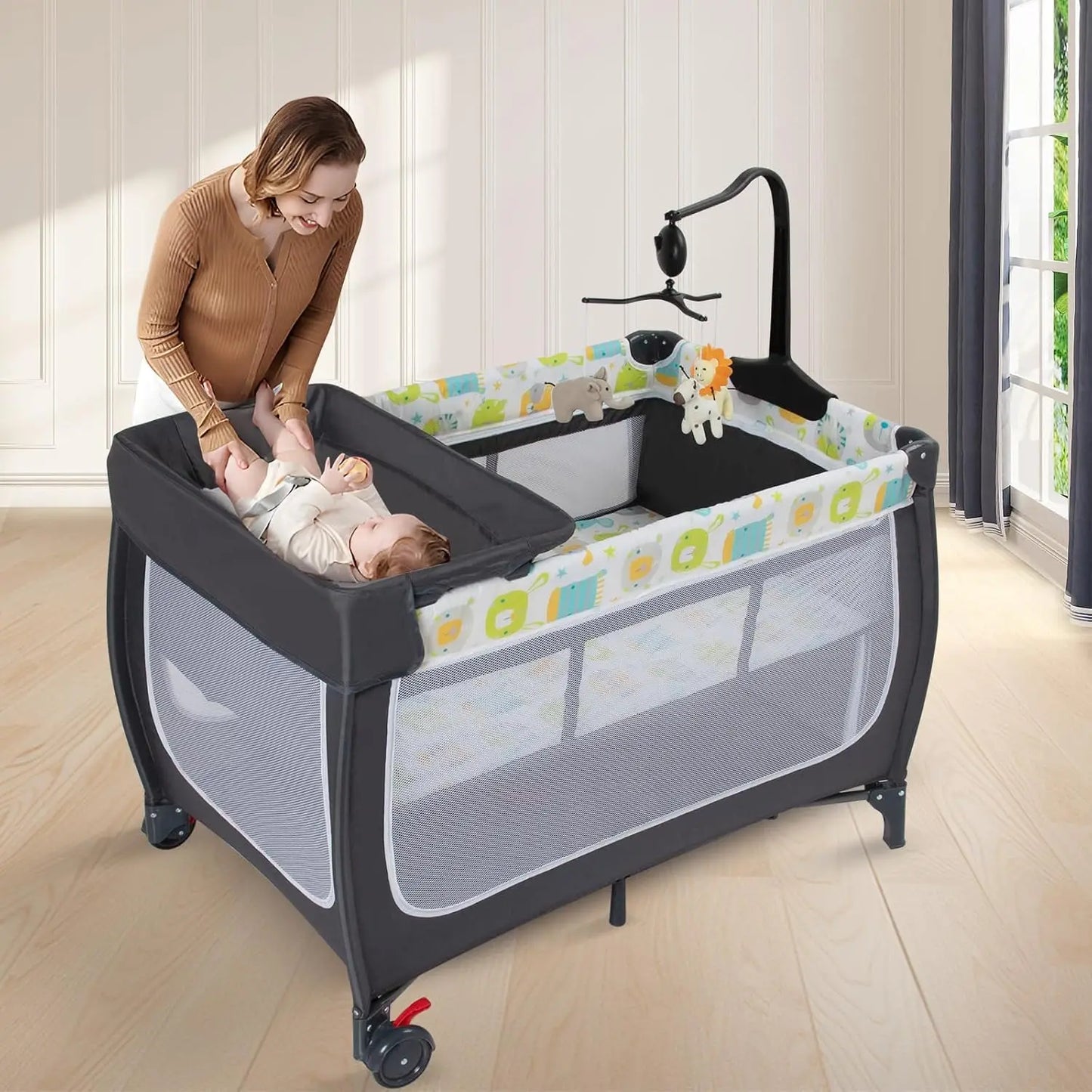 4 in 1 Pack and Play,Portable Baby Crib Deluxe Nursery Center, Foldable Travel Playard with Bassinet,Adjustable Canopy,Music Box