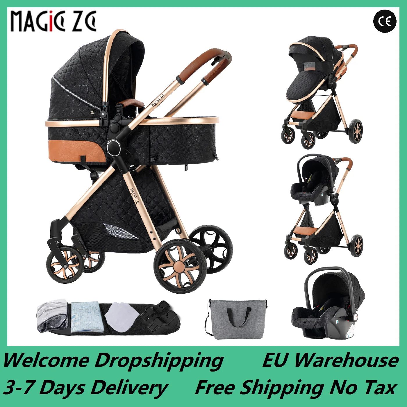 Baby Stroller 3‑in‑1 Travel System Pushchair Lightweight Pram from Birth All‑Terrain Baby Buggy Compact Fold Stroller Summer