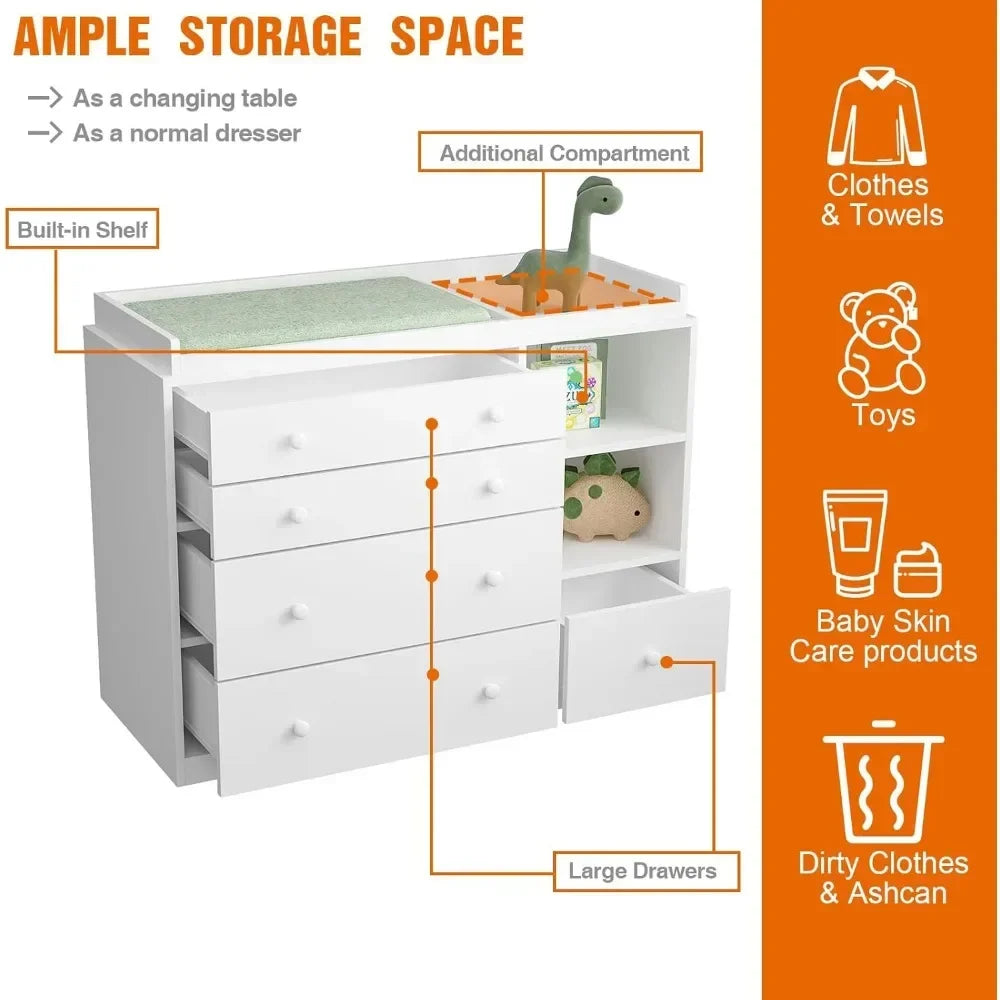 Baby Dresser with 5 Drawers and Shelves, Multi-Functional Baby Changing Table, Classic Nursery Dresser, Diaper Changing Station