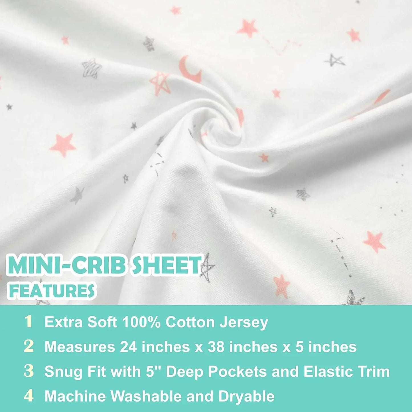 2 Pack Fitted Mini Crib Sheet 24"" X 38"", Soft Breathable Neutral 100% Cotton Jersey Portable Sheet, Pink Star Zigzag,