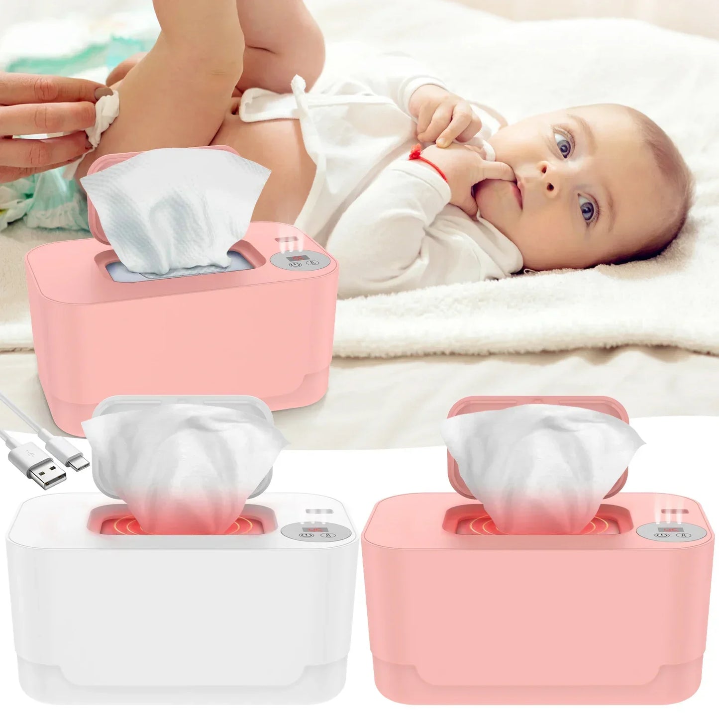 Baby Wet Wipe Heater Warmer with LED Display Wet Towel Dispenser Portable USB Baby Wipe Warmer Napkin Heating Box Home/Car Hand