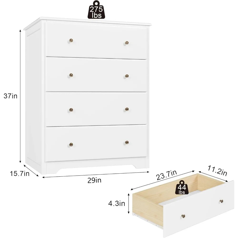 White Dresser, 4 Drawer Dressers Chest of Drawers, for Living Room, Hallway, Entryway, Home Office, White Children's Dressers