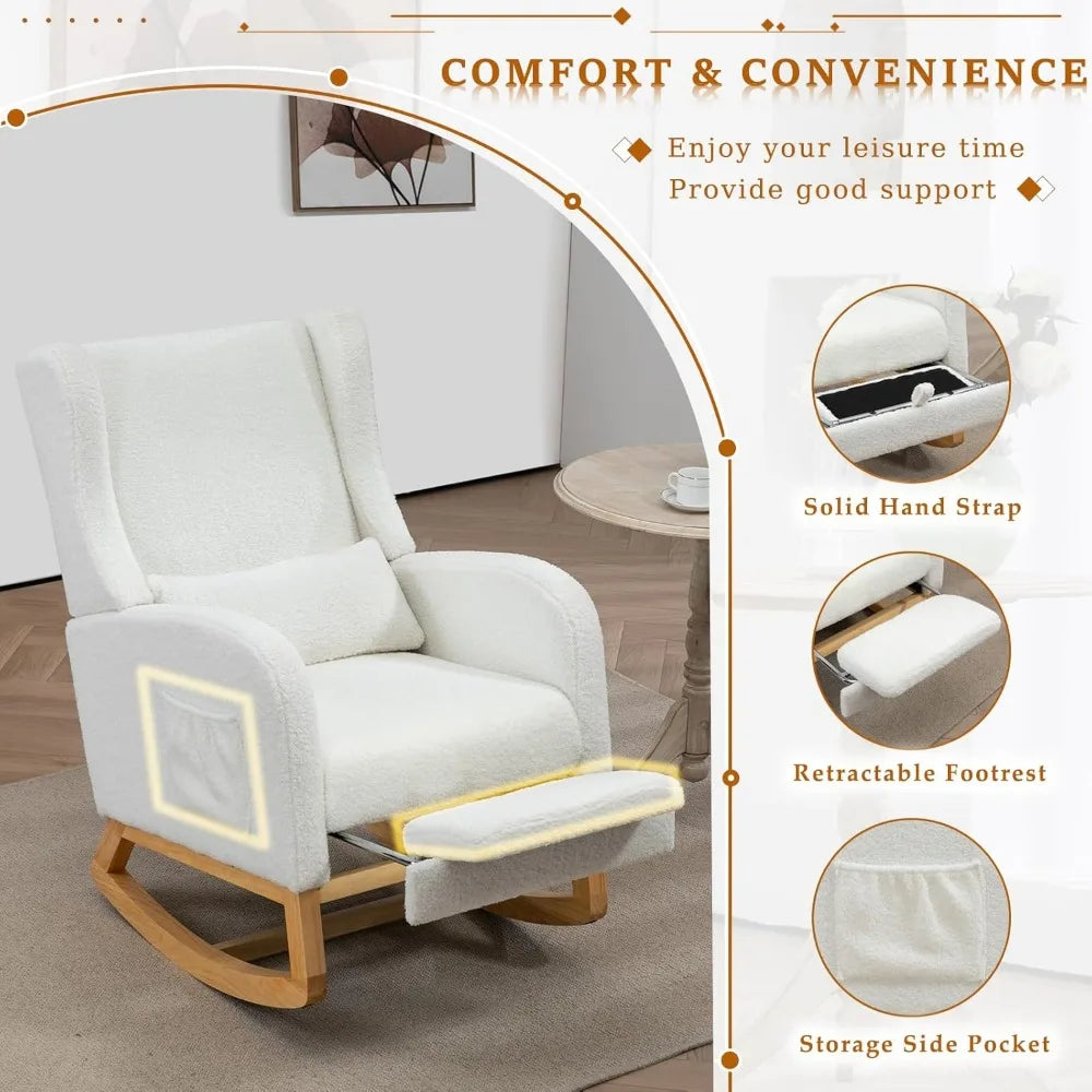 Modern Rocking Chair Nursery Glider, Comfy Rocker Nursery Chair with Foot Rest, Accent Reading Armchair with Pillow and Pocket,