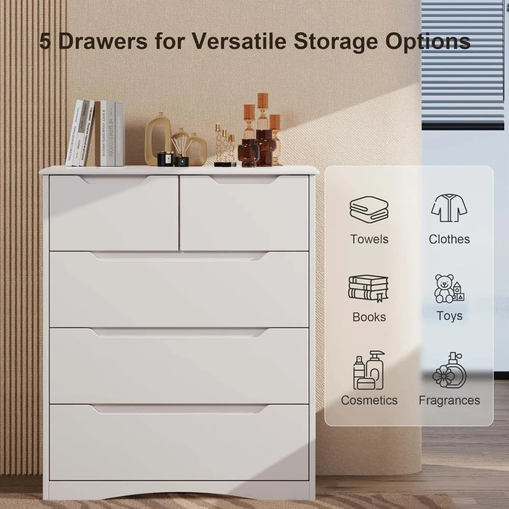 5 Drawers Chest, Dresser for Bedroom with Large Storage Capacity, Chest of Drawers with Embedded Handle Anti-Tripping Device