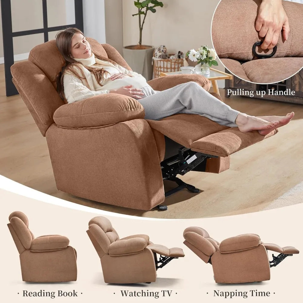Rocking Recliner Chairs for Adults, 360 ° Swivel Nursery Reclining Glider with Side Pocket, Comfy Fabric Manual Single Sofa for