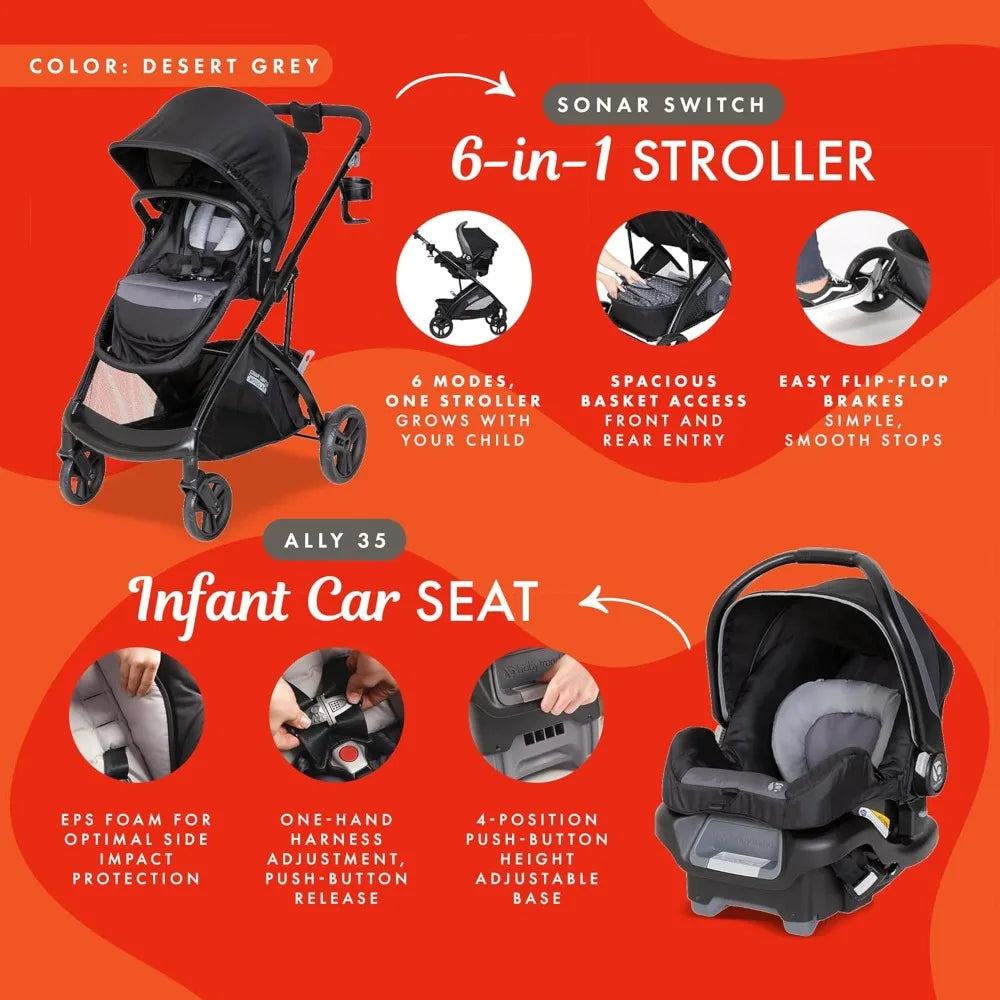 Fully upgraded-Desert Grey,Switch 6-in-1 Modular Stroller Travel System with Infant Car Seat-Free shipping