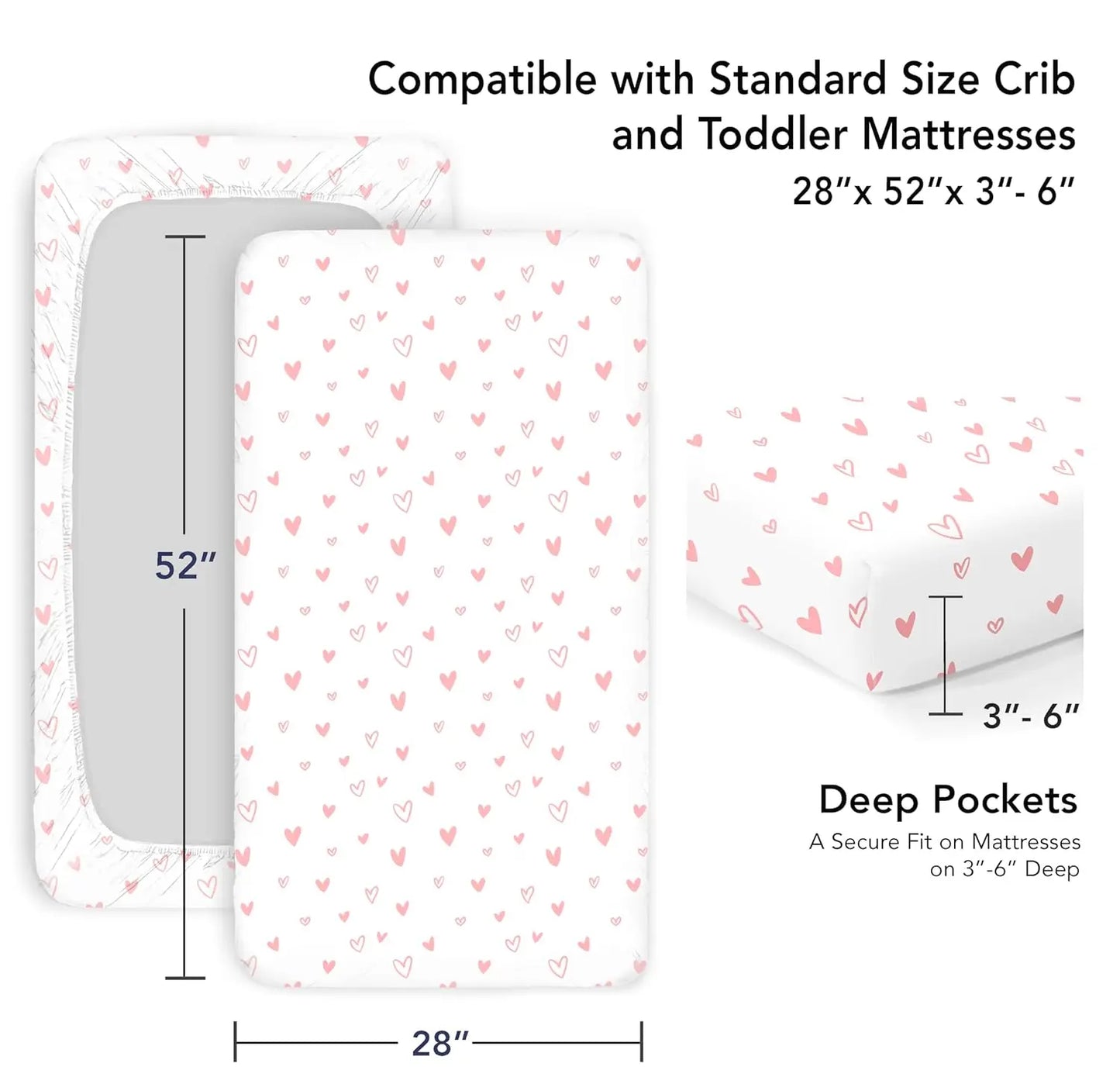 100% Organic Cotton Fitted Sheets For Standard Crib And Toddler Mattresses/Pads 28” X 52” And Up To 6” Thick. Boys And Girls.