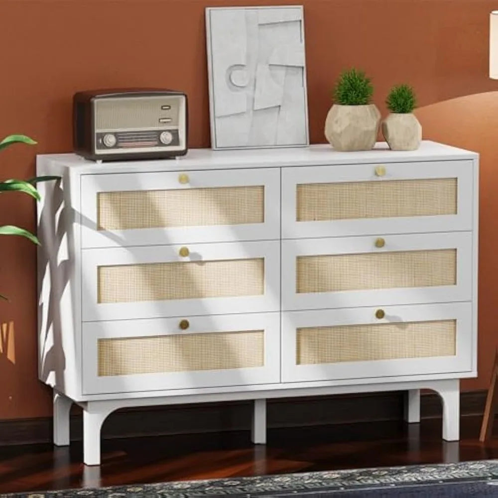 6 Drawer Rattan Dresser, Boho Dresser for Bedroom, White Dresser, 47" Long Dresser, Wooden Dresser Wood Chest of Drawers