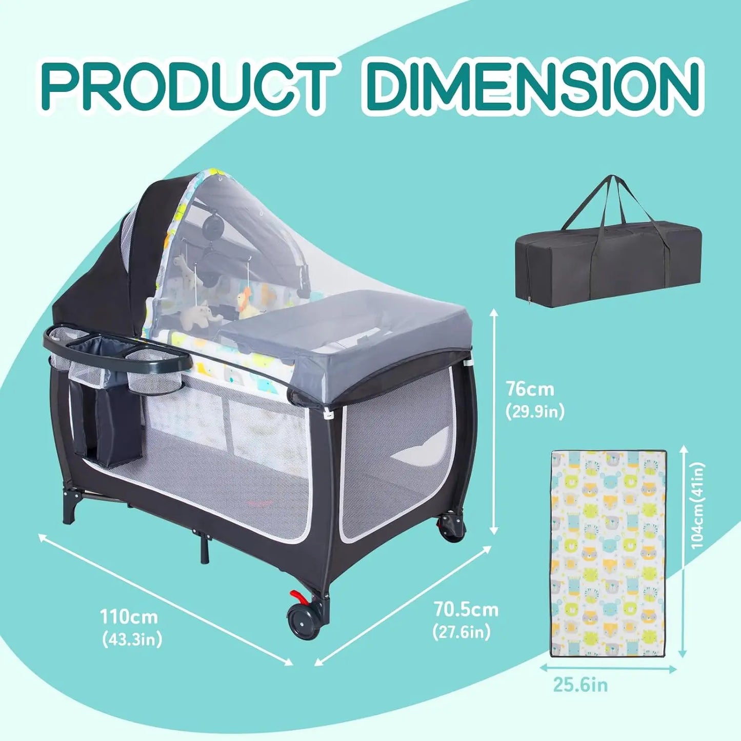 4 in 1 Pack and Play,Portable Baby Crib Deluxe Nursery Center, Foldable Travel Playard with Bassinet,Adjustable Canopy,Music Box