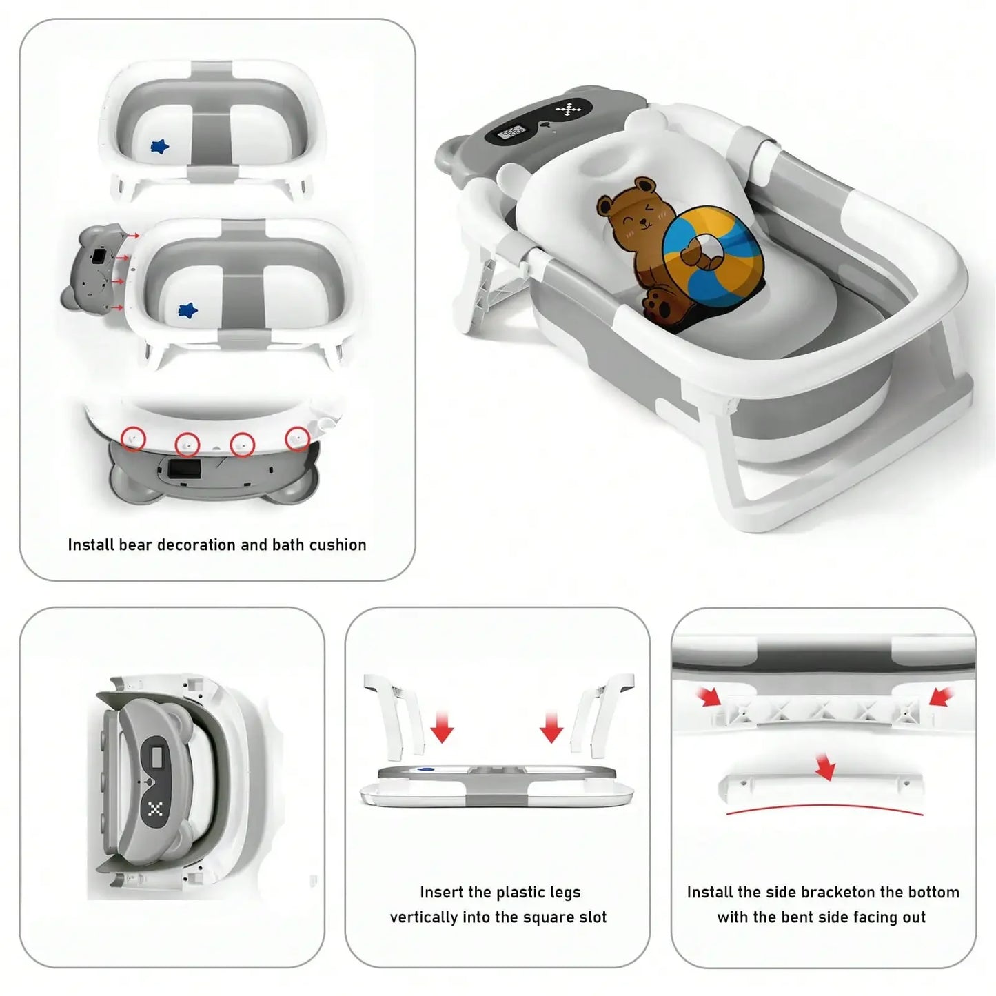 Folding Baby Bathtub with Thermometer Take A Bath Bathtub Non-Slip Foot Bath Bucket Bathroom Tub with Cushion Support for Shower