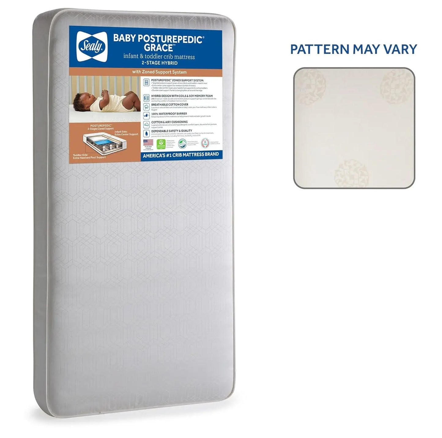 Posturepedic Grace Hybrid Breathable 2 Stage Waterproof Crib Mattress plus Toddler Bed Fit, Non Toxic, Hypoallergenic,