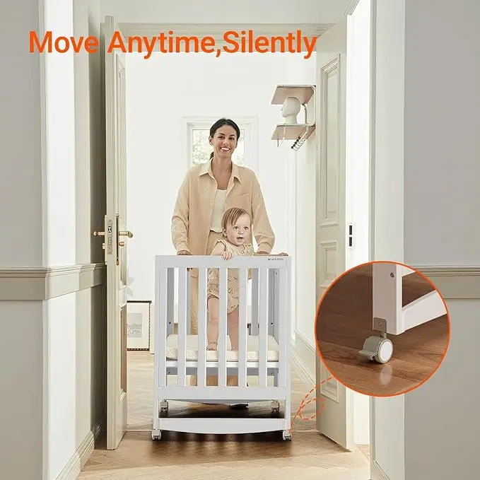 EvoNest 6-in-1 Portable Mini Crib with Mattress & 4 Height Adjustable, New Zealand Pinewood, White, MAMAZING