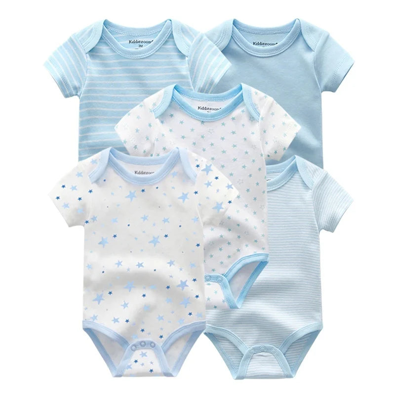 Kiddiezoom 5-piece fashionable cartoon boy and girl jumpsuit 100% pure cotton comfortable newborn jumpsuit summer