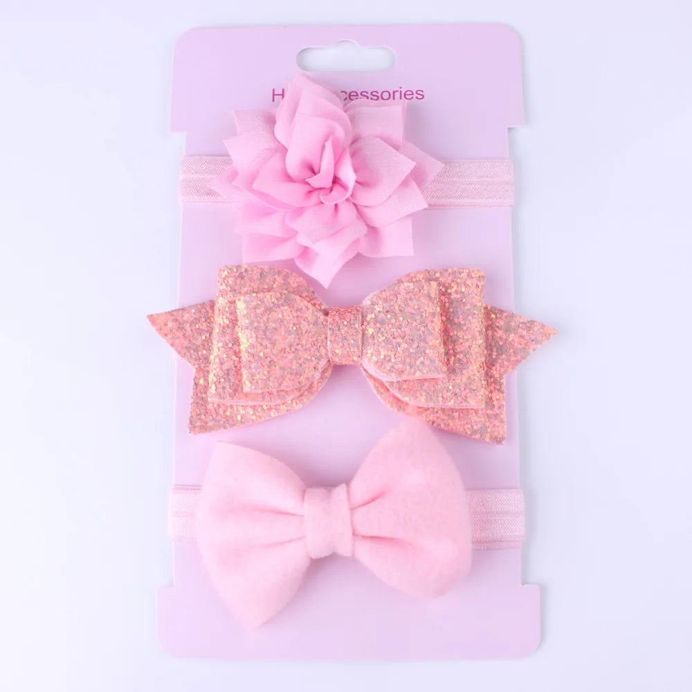 3PCS Baby Girls Glitter Bow Headband Set with Floral Elastic Hairband - Adorable Hair Accessories for Little Ones One Size