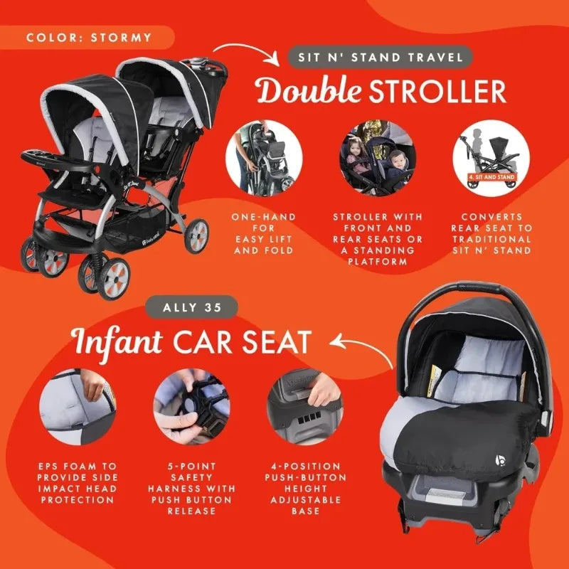 High quality Infant and Toddler Double Stroller & Car Seat Combo, 2 Pc Set, Stormy - Portable and Lightweight Stroller Duo