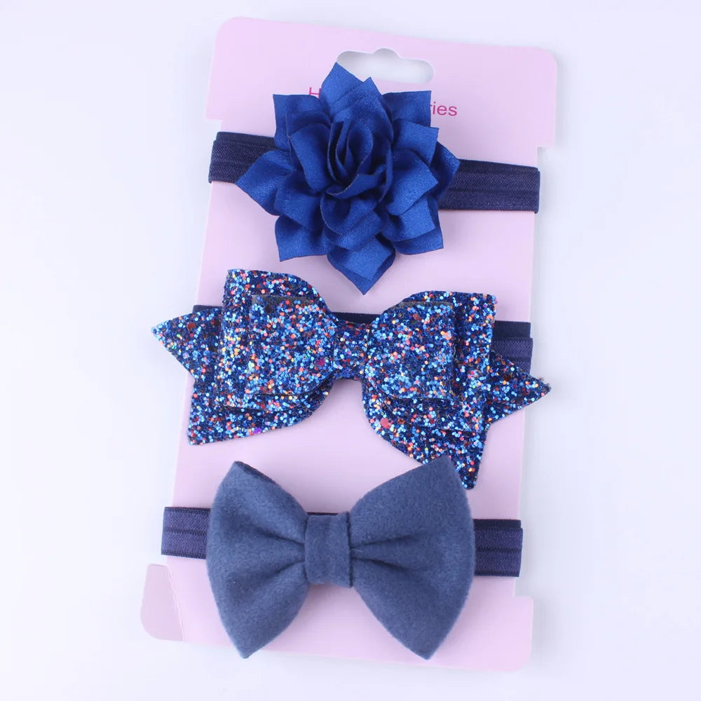 3PCS Baby Girls Glitter Bow Headband Set with Floral Elastic Hairband - Adorable Hair Accessories for Little Ones One Size