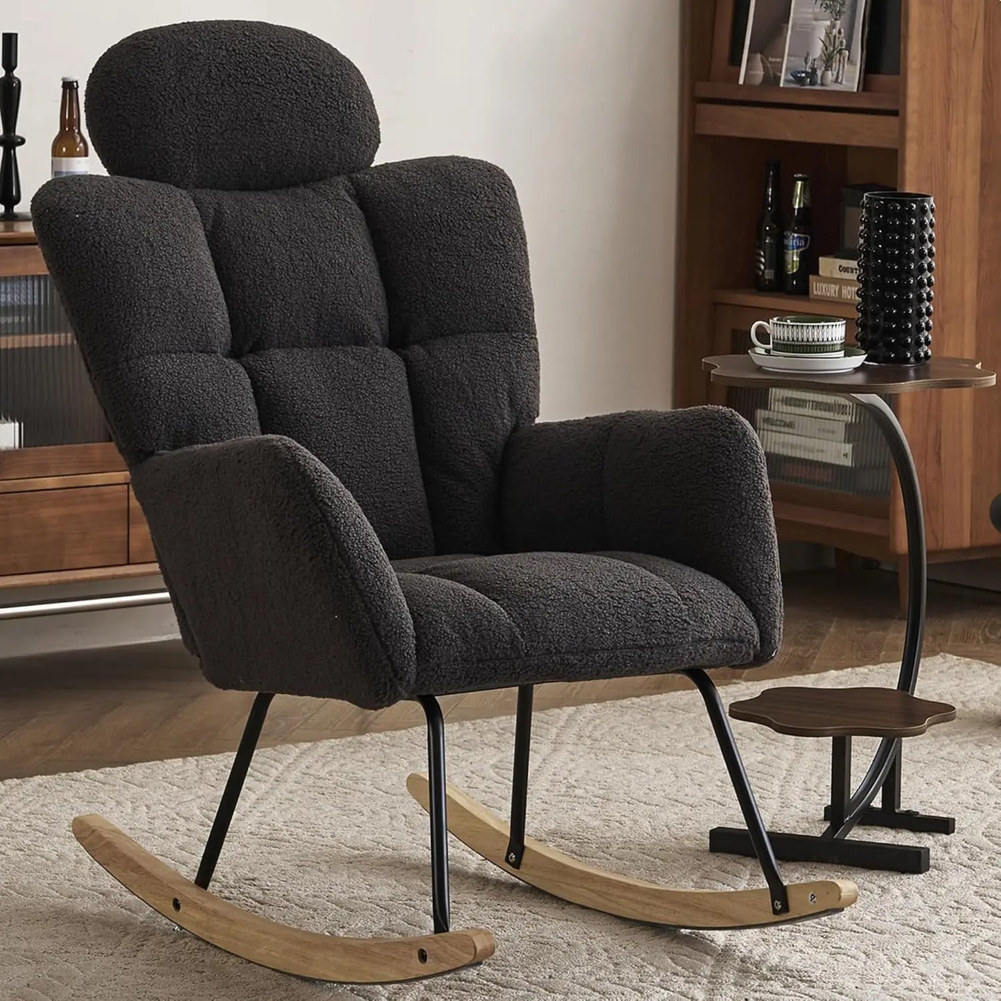 Rocking Chair Nursery with Thick Headrest, Upholstered Reading Glider Rocker Accent Armchair with High Backrest Rocker