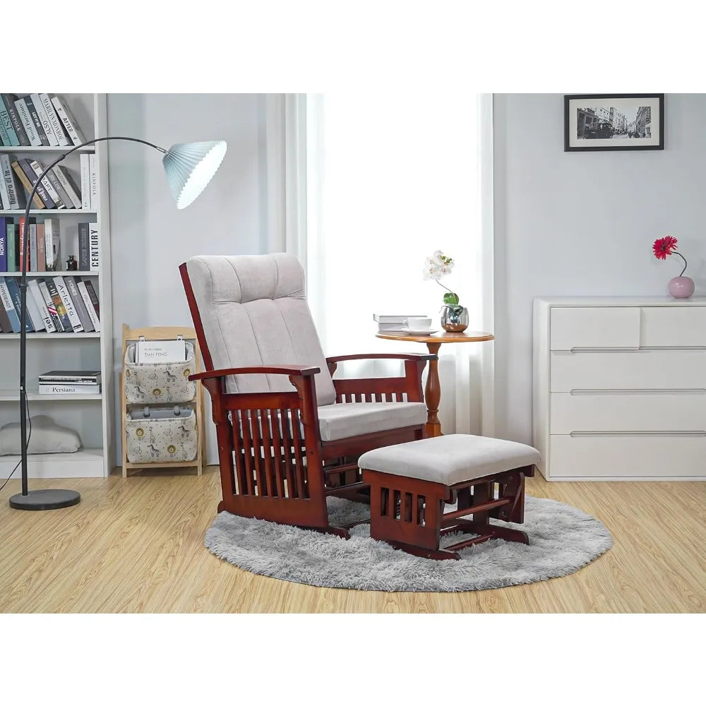 Glider Rocking Chair Nursery with Ottoman Smooth Rocking Motion, Easy to Assemble, Solid Hardwood Base Indoor Adult (White)