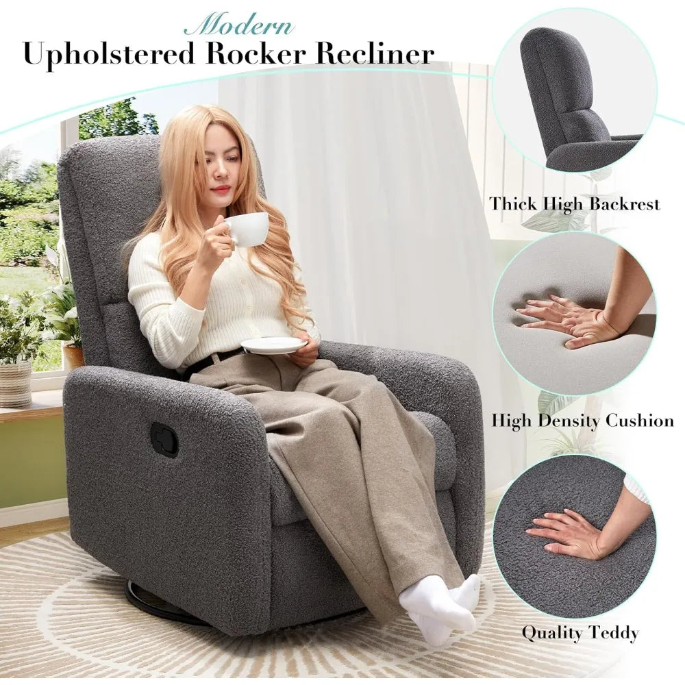 Swivel Glider Rocking Recliner Chair for Adults, Nursery Rocker Reclining, Comfy Upholstered Single Sofa Armchair for Living Ro