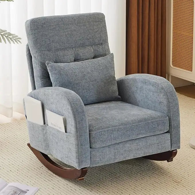 Beige Linen Nursery Rocking Chair with Thick Headrest,Mid-Century Modern Nursing Rocker,Upholstered Glider with Curved Armrest,