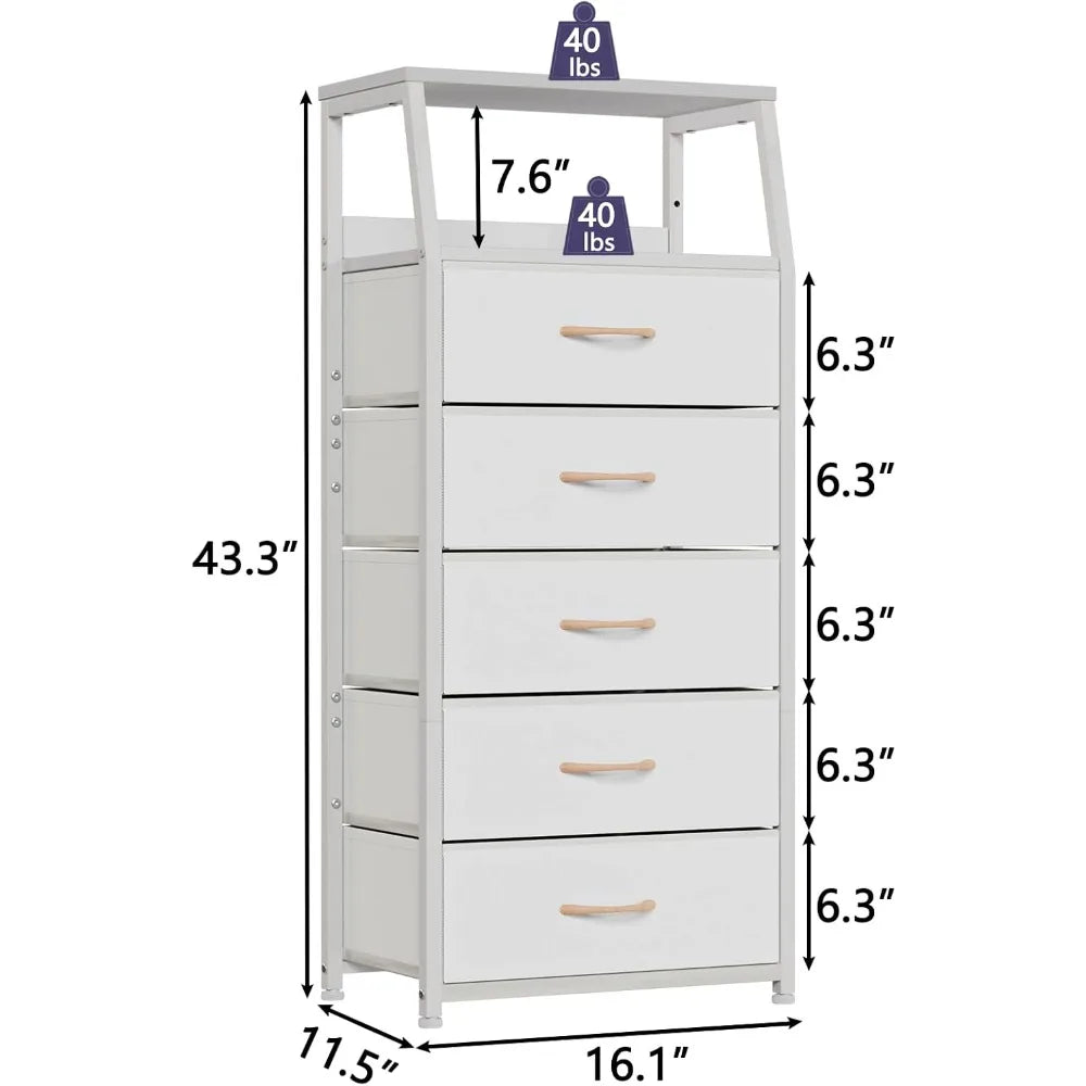 White Dresser with 5 Drawers, Vertical Storage Tower Fabric Dresser for Bedroom, Hallway, Nursery, Wood Top Children's Dressers